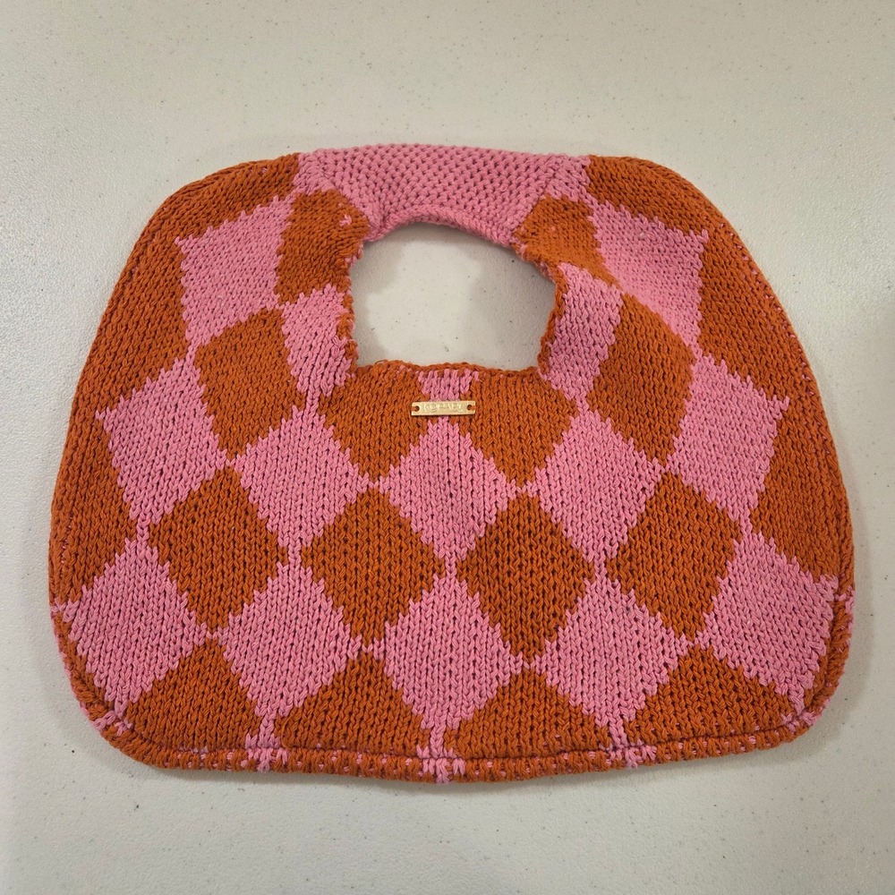 Kopari Pink and Orange Checkered Knit Tote Bag